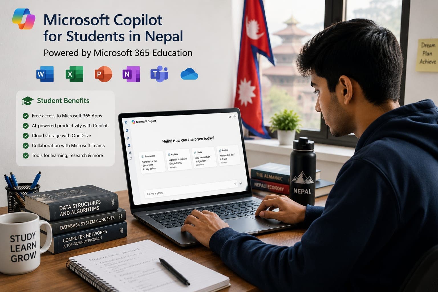Student in Nepal using Microsoft Copilot and Microsoft 365 Education benefits on a laptop