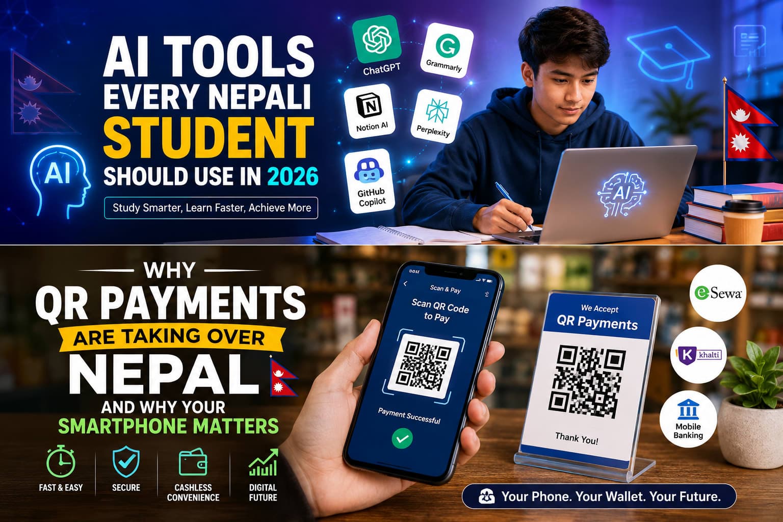 Nepali student using AI tools for studying and research on a laptop