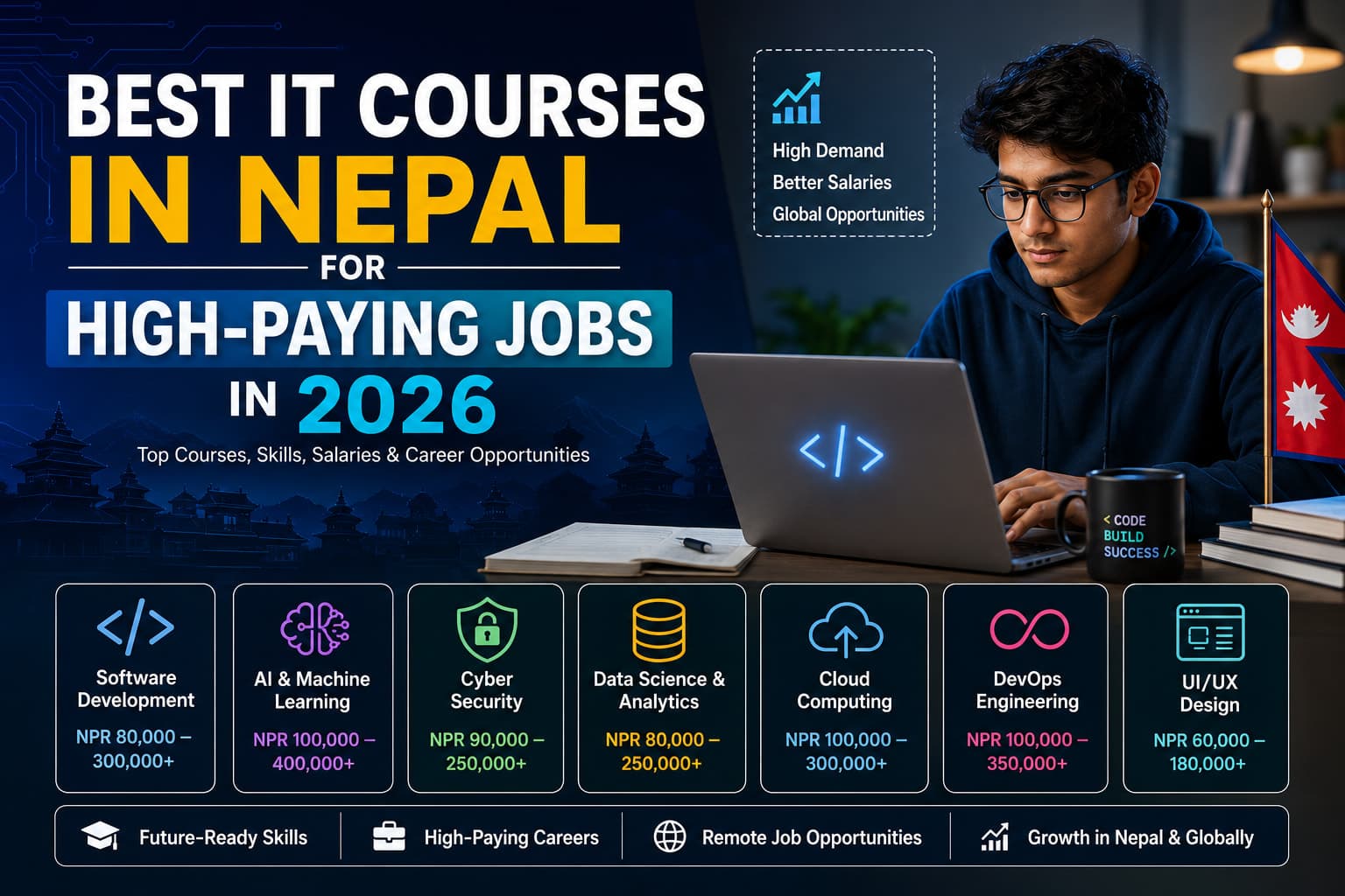 Students learning software development, artificial intelligence, cybersecurity and cloud computing skills for technology careers in Nepal