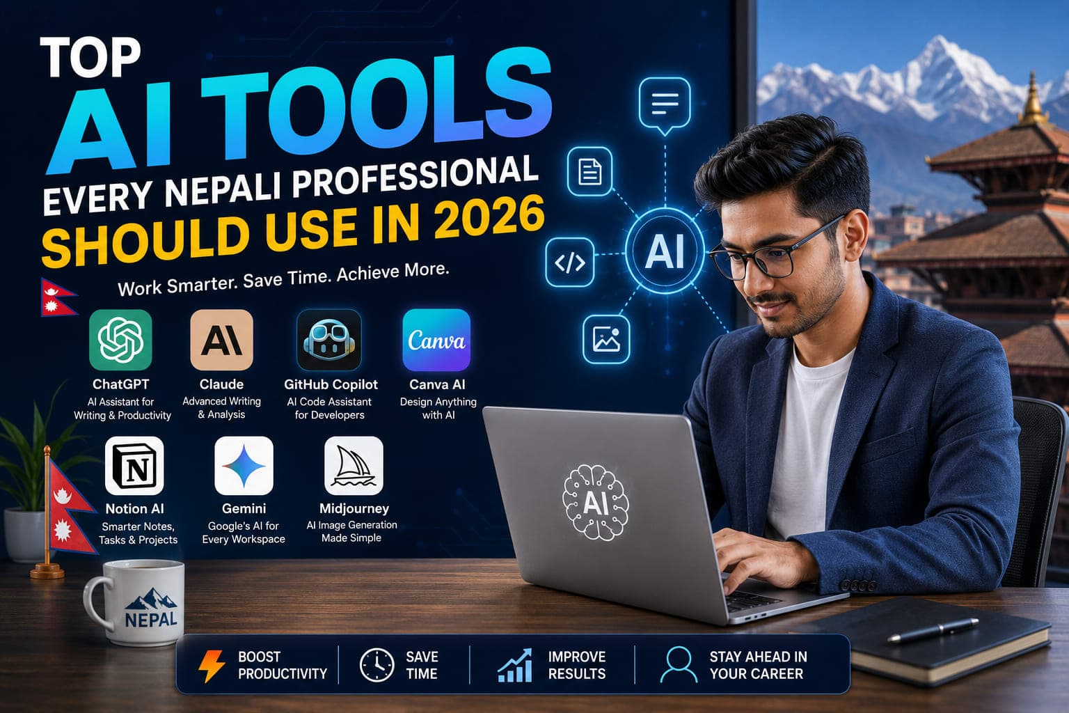 Nepali professionals using modern AI tools for productivity and business growth in 2026