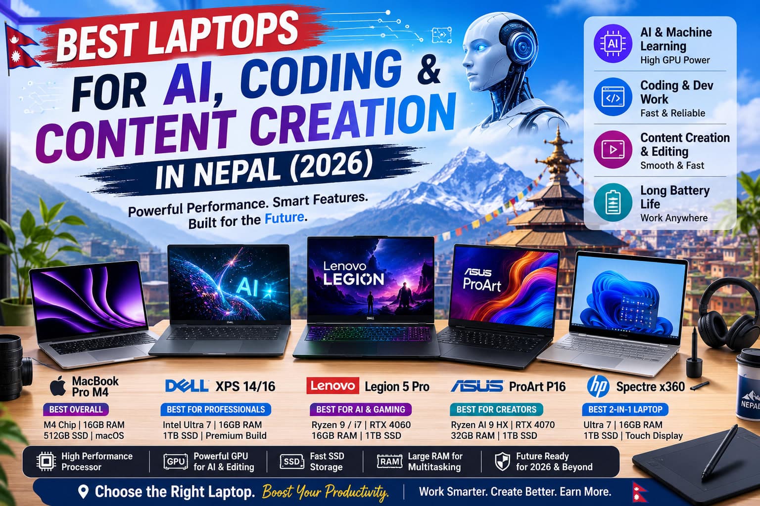 Best laptops for AI, coding, and content creation in Nepal 2026 featuring MacBook Pro, Dell XPS, ASUS ROG, and Acer laptops.