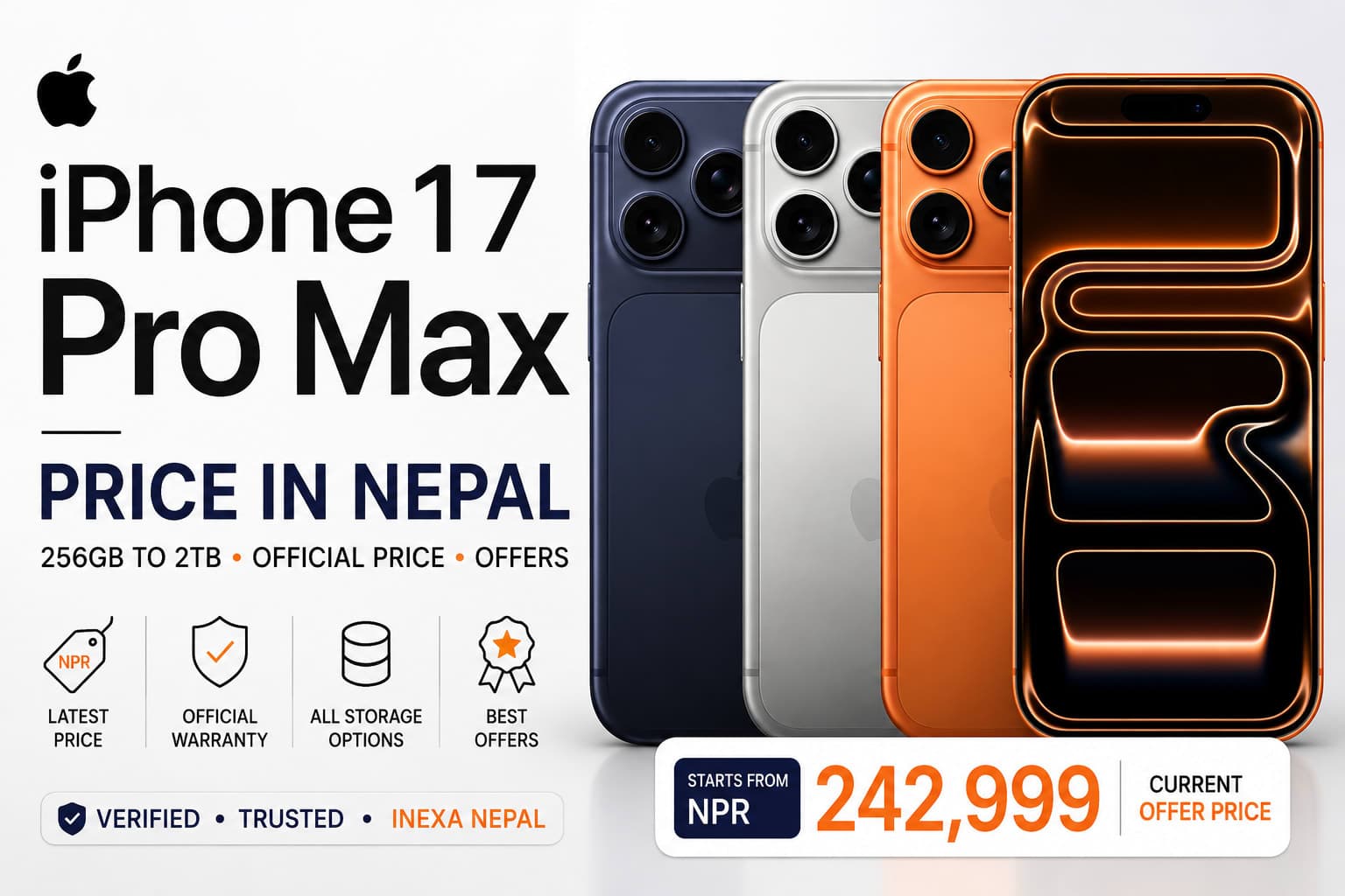 iPhone 17 Pro Max price in Nepal with Cosmic Orange, Deep Blue and Silver models